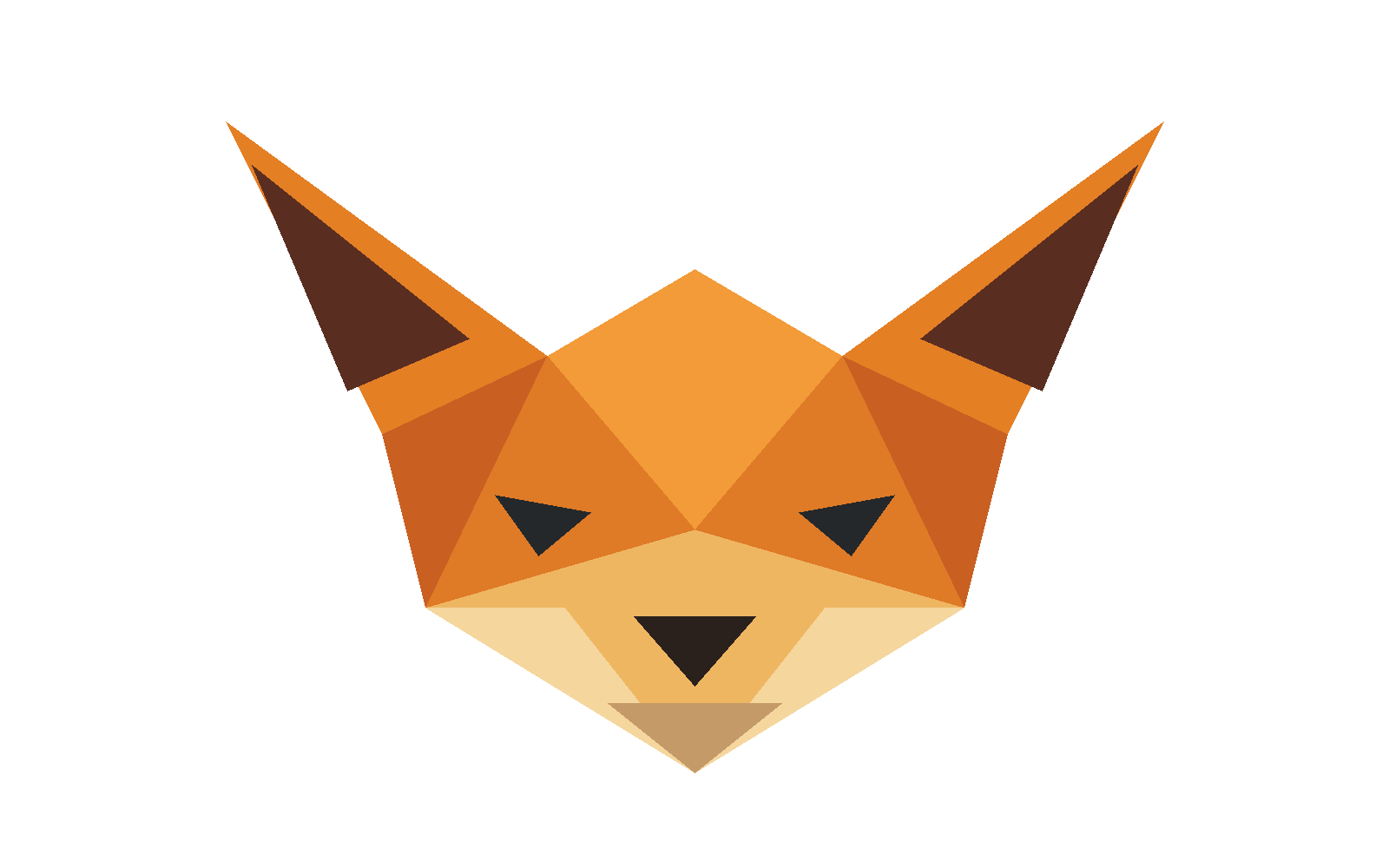 Raposa low-poly simétrica construída por 18 triângulos em tons de laranja, creme e marrom